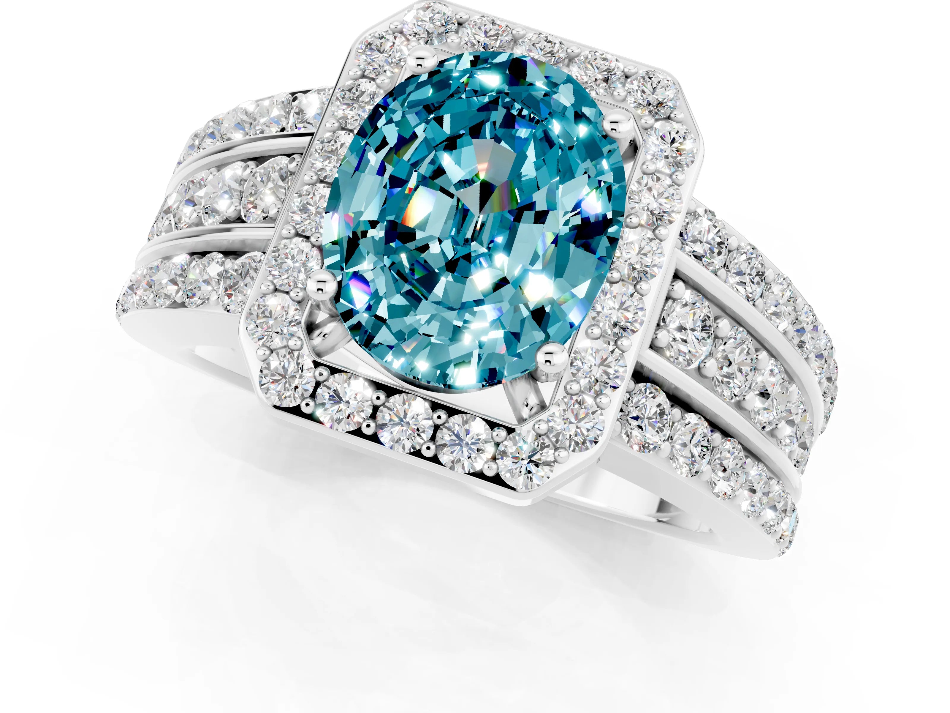 White gold Oval Cut Halo Blue Topaz Ring with Split Shank and Four-Prong Setting_1