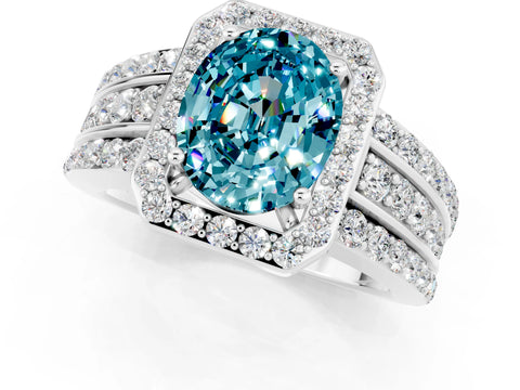 White gold Oval Cut Halo Blue Topaz Ring with Split Shank and Four-Prong Setting_1