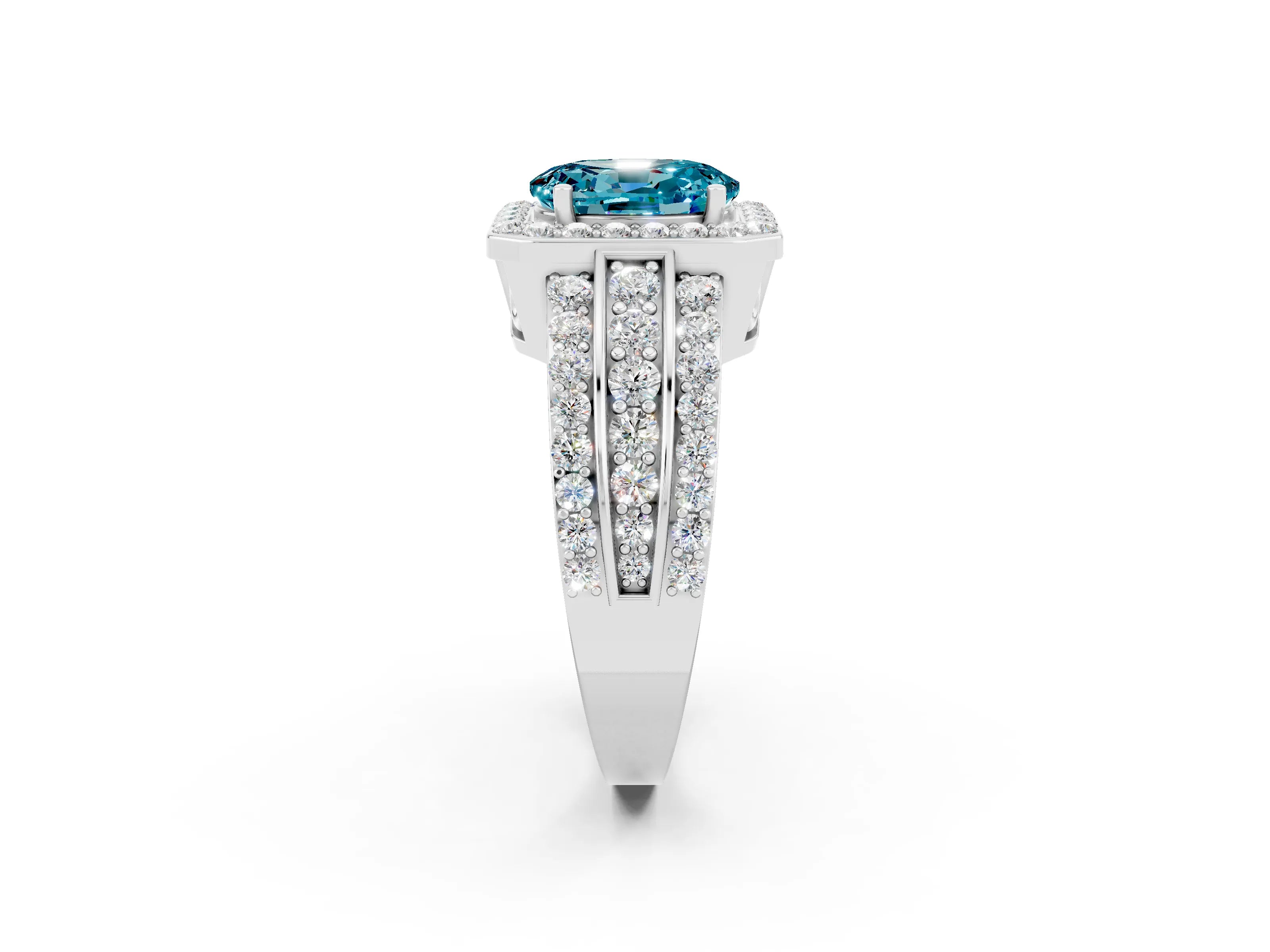 White gold Oval Cut Halo Blue Topaz Ring with Split Shank and Four-Prong Setting_2