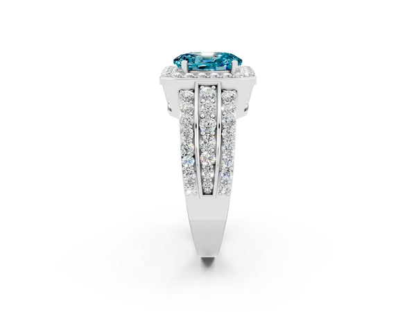 White gold Oval Cut Halo Blue Topaz Ring with Round  Split Shank and Prong Setting