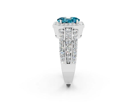 White gold Oval Cut Halo Blue Topaz Ring with Split Shank and Four-Prong Setting_2
