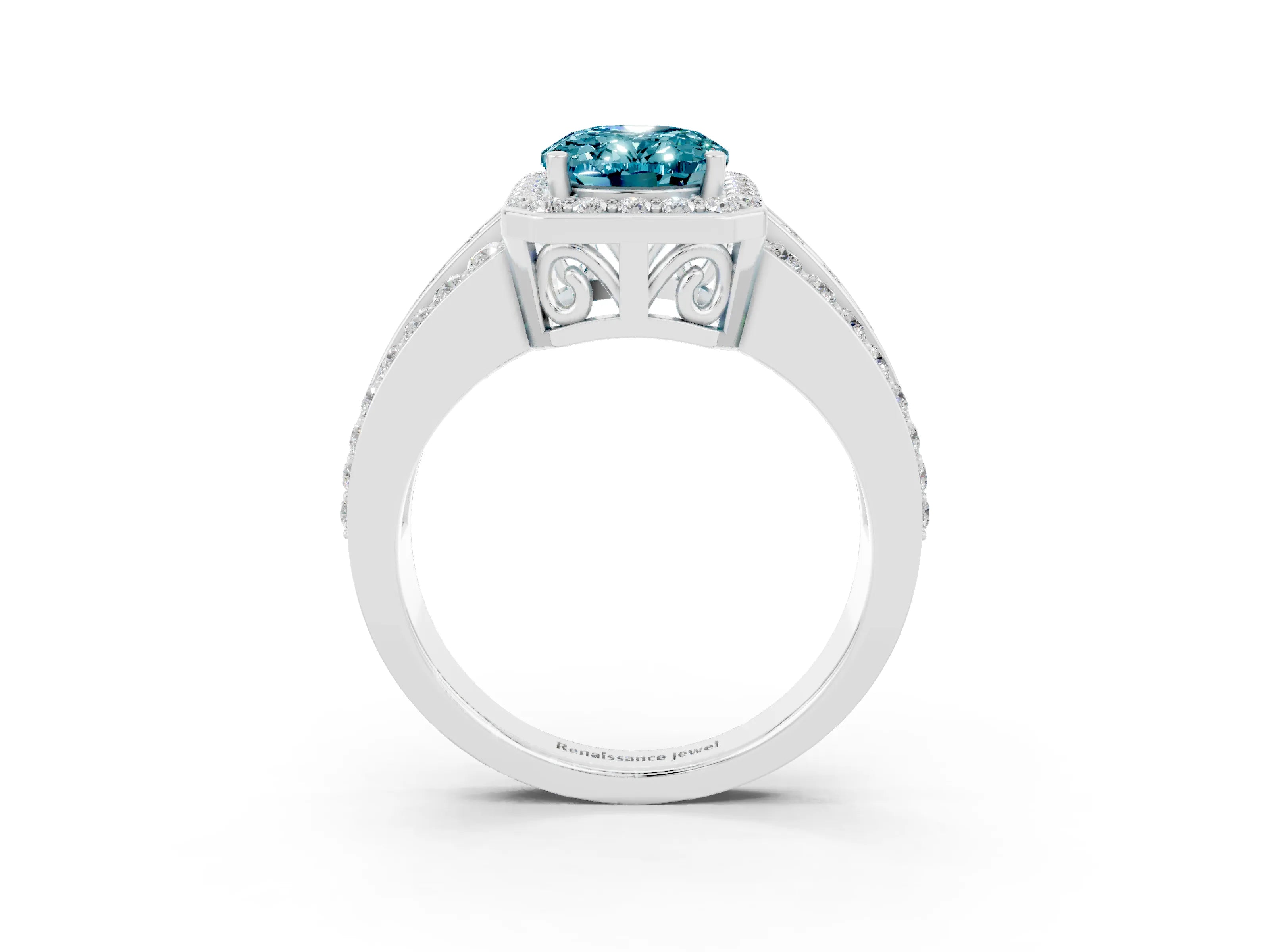 White gold Oval Cut Halo Blue Topaz Ring with Split Shank and Four-Prong Setting_3