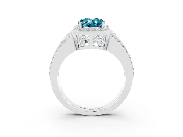 Silver Oval Cut Halo Blue Topaz Ring with Round  Split Shank and Prong Setting