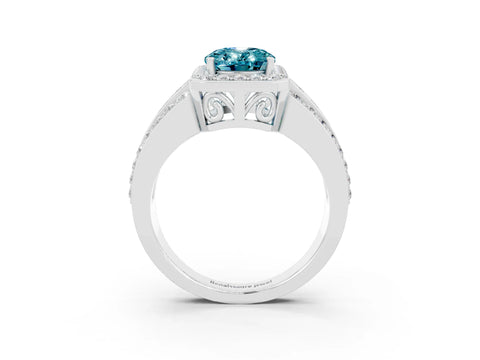 White gold Oval Cut Halo Blue Topaz Ring with Split Shank and Four-Prong Setting_3