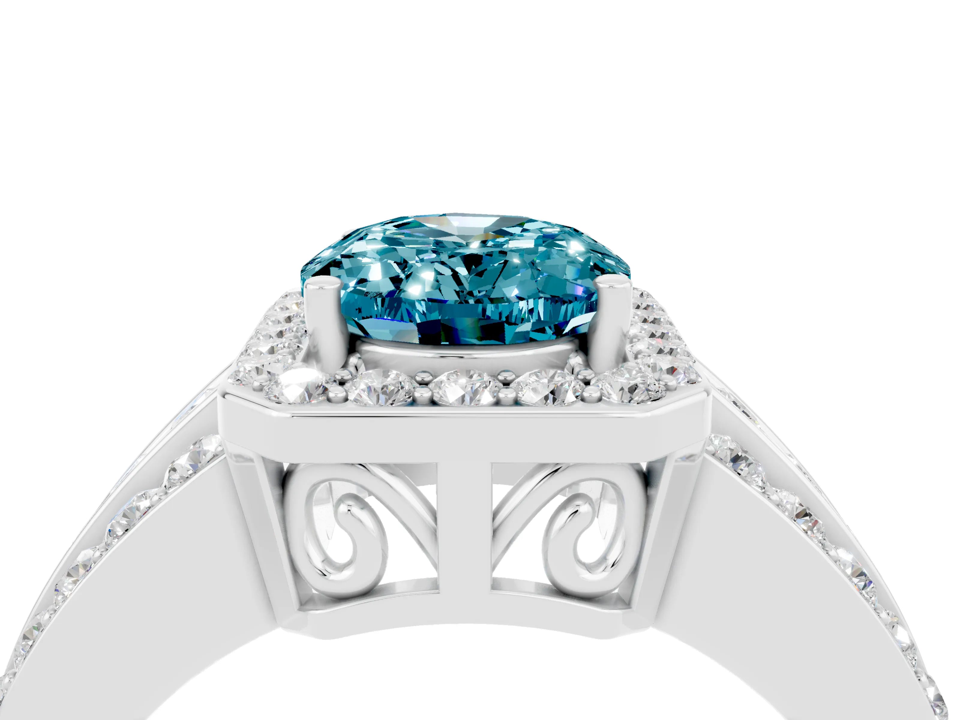 White gold Oval Cut Halo Blue Topaz Ring with Split Shank and Four-Prong Setting_4