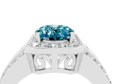 White gold Oval Cut Halo Blue Topaz Ring with Split Shank and Four-Prong Setting_4