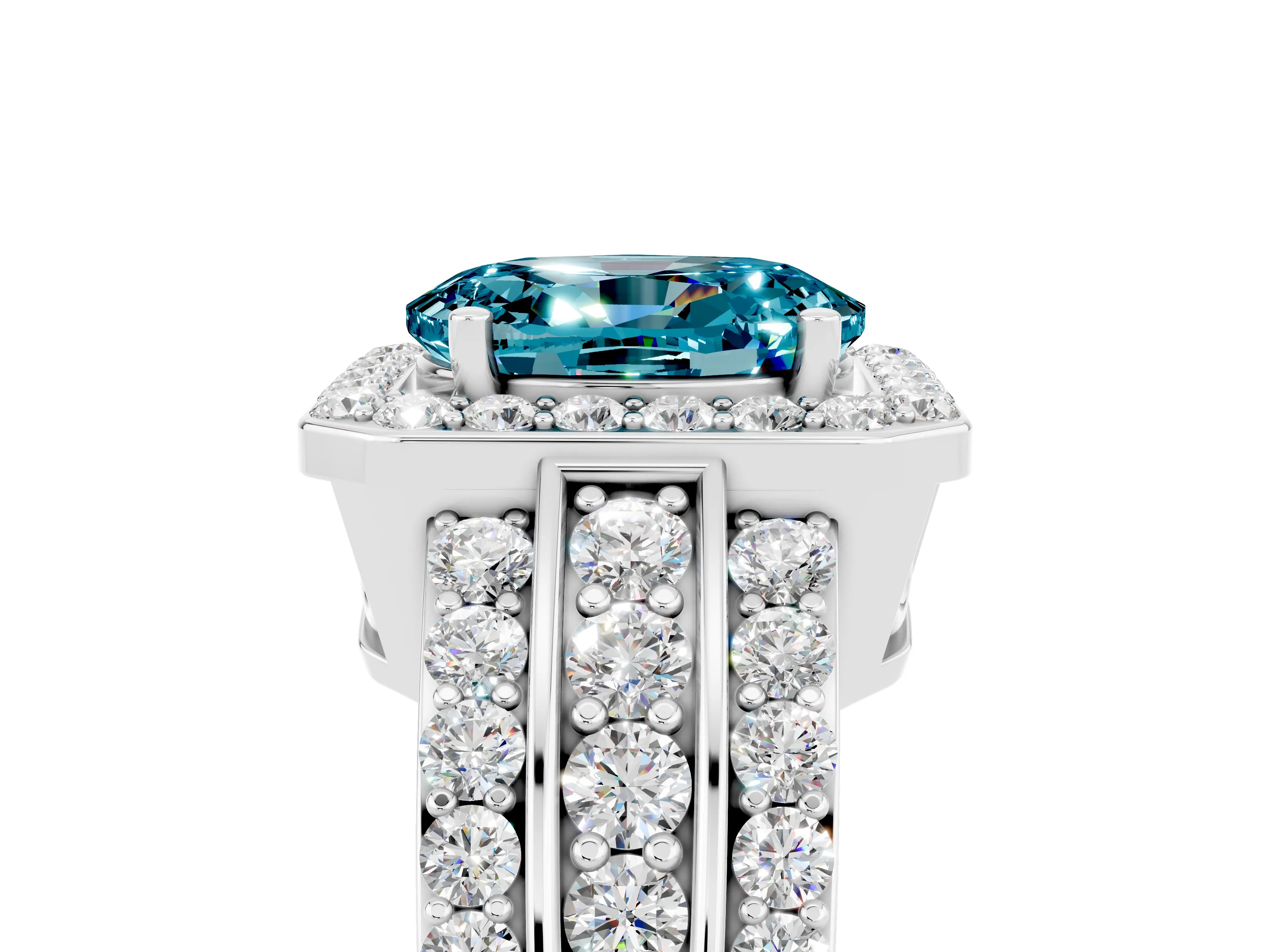 White gold Oval Cut Halo Blue Topaz Ring with Split Shank and Four-Prong Setting_5