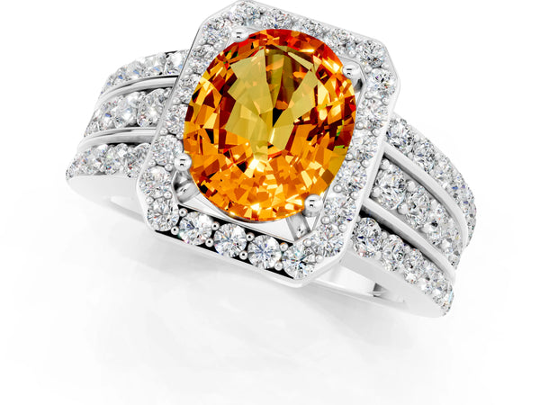 Platinum Oval Cut Halo Citrine Ring with Round  Split Shank and Prong Setting