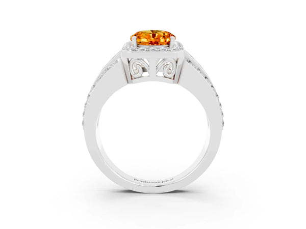 Platinum Oval Cut Halo Citrine Ring with Round  Split Shank and Prong Setting