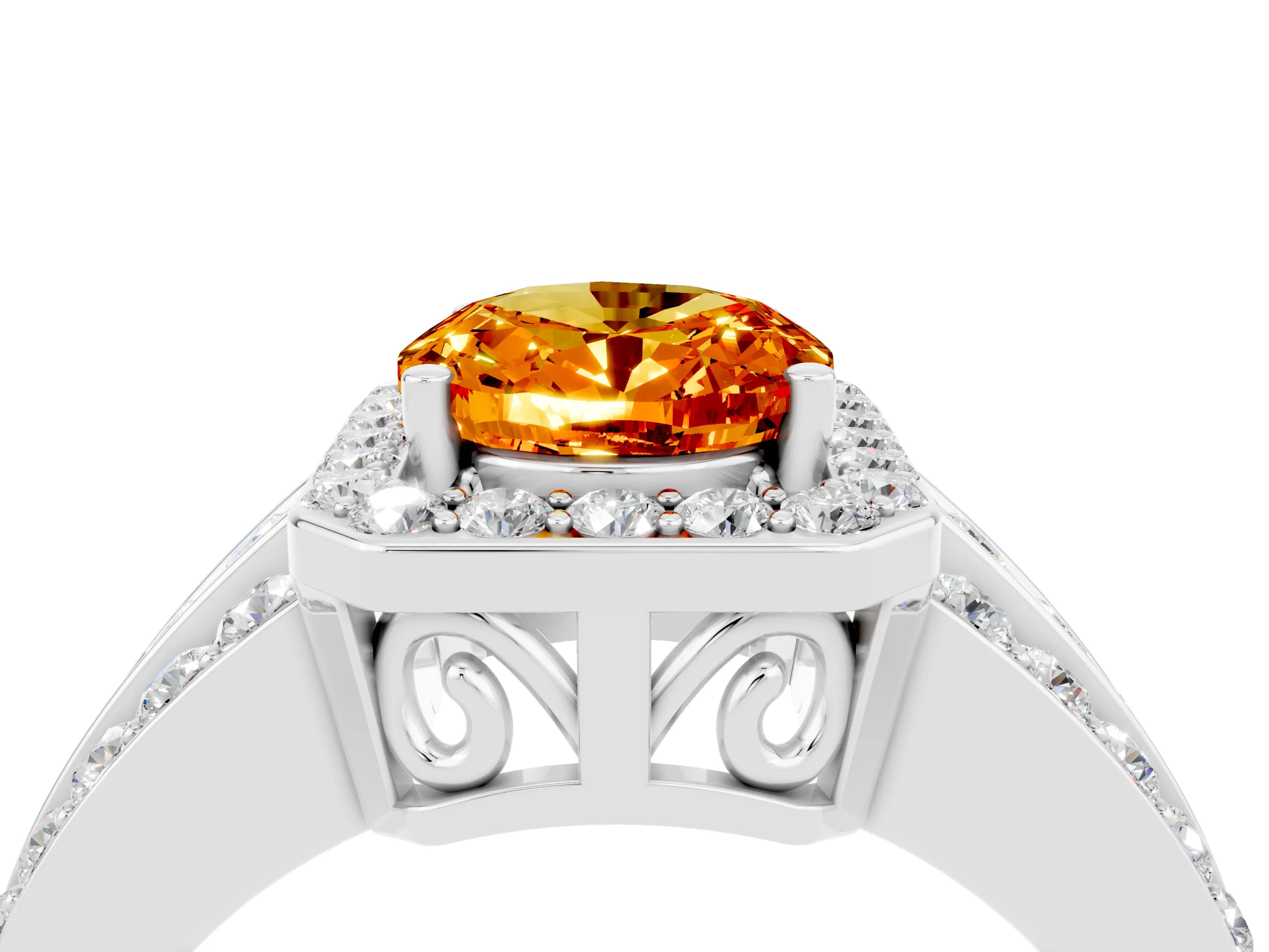 White gold Oval Cut Halo Citrine Ring with Split Shank and Four-Prong Setting_4