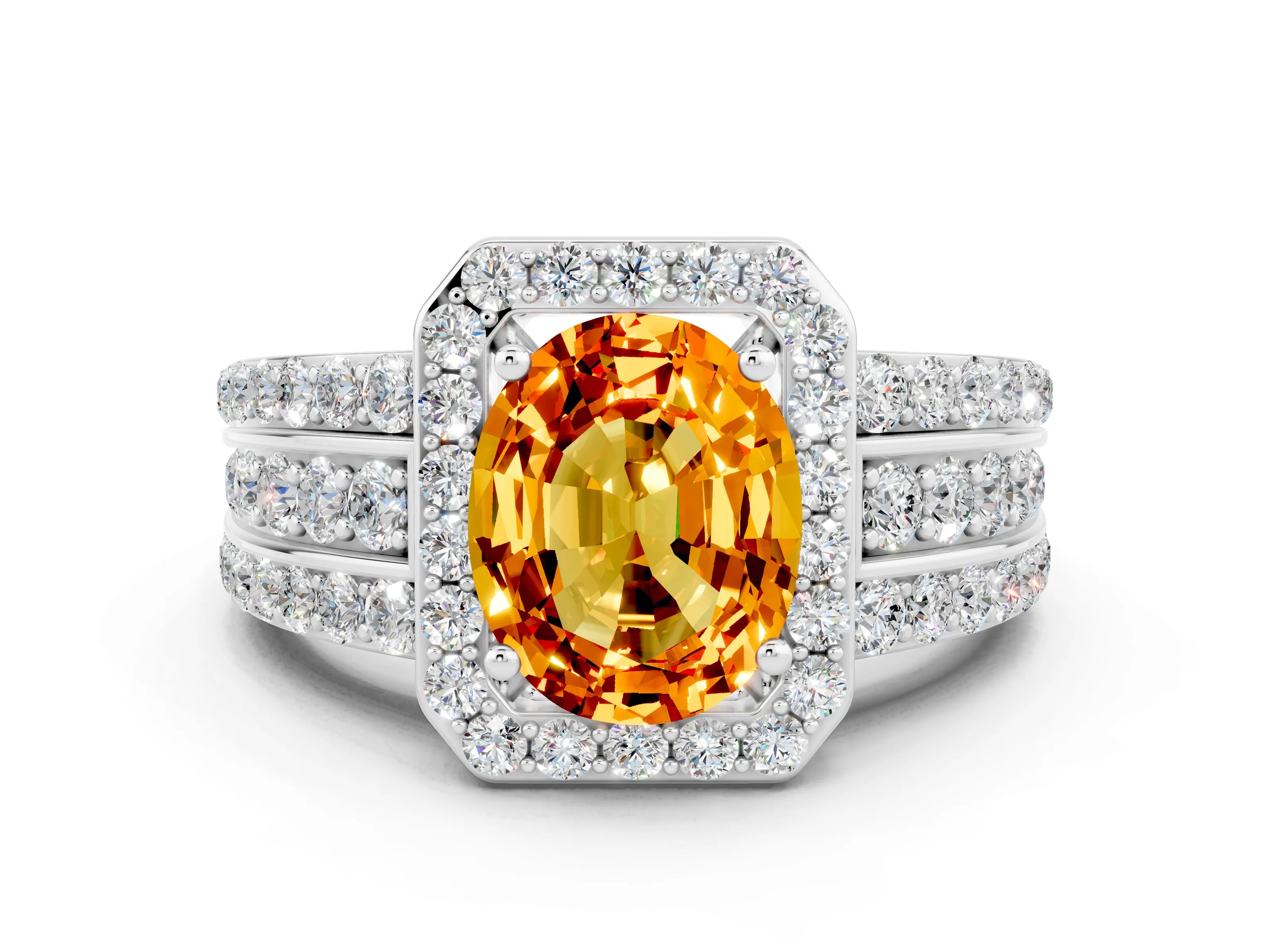 White gold Oval Cut Halo Citrine Ring with Split Shank and Four-Prong Setting