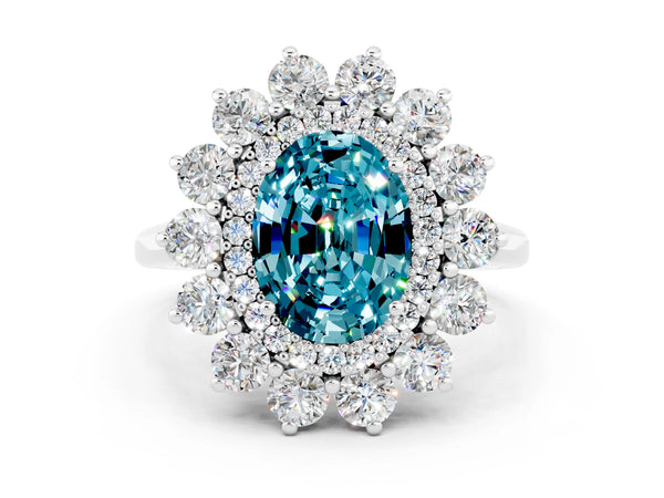 Silver Oval Cut Blue Topaz Floral Double Halo Engagement Ring with Prong Setting