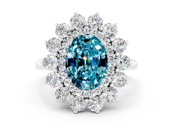 Platinum Oval Cut Halo Cluster Diamond Ring with Pave Band and Four-Prong Setting