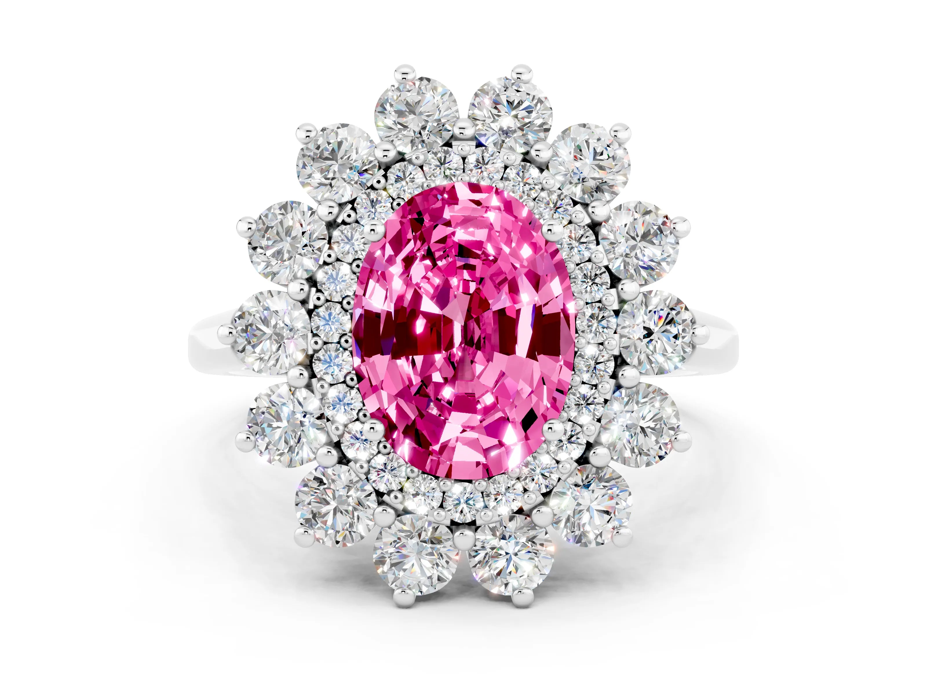 White gold Oval Cut Halo Cluster Diamond Ring with Pave Band and Four-Prong Setting_12