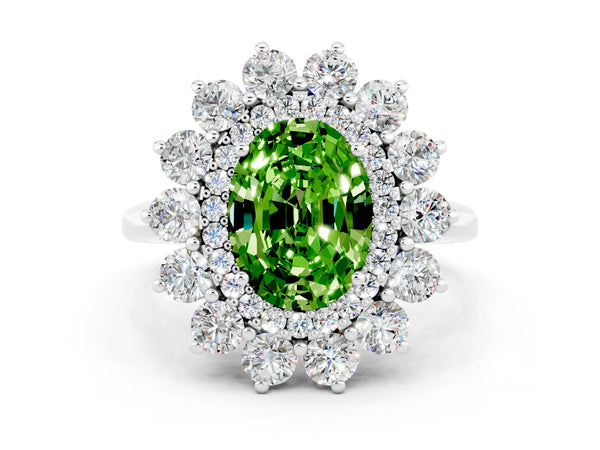 Silver Oval Cut Peridot Floral Double Halo Engagement Ring with Prong Setting