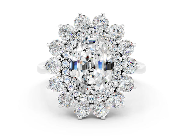Platinum Oval Cut Moissanite Floral Double Halo Engagement Ring with Prong Setting