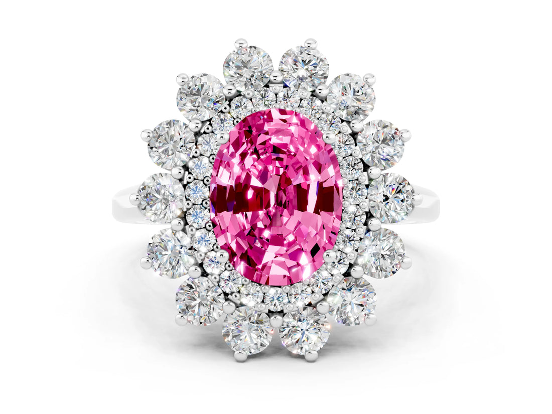 White gold Oval Cut Halo Cluster Diamond Ring with Pave Band and Four-Prong Setting_12