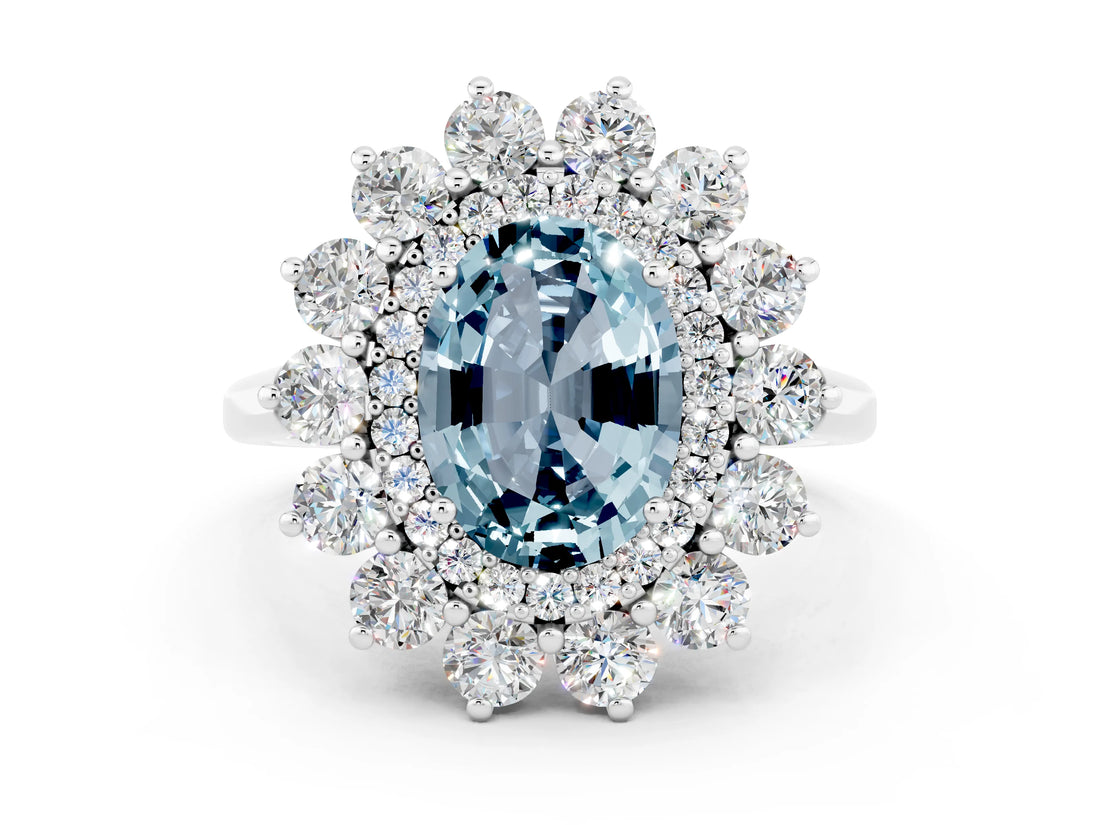 White gold Oval Cut Halo Cluster Diamond Ring with Pave Band and Four-Prong Setting_12