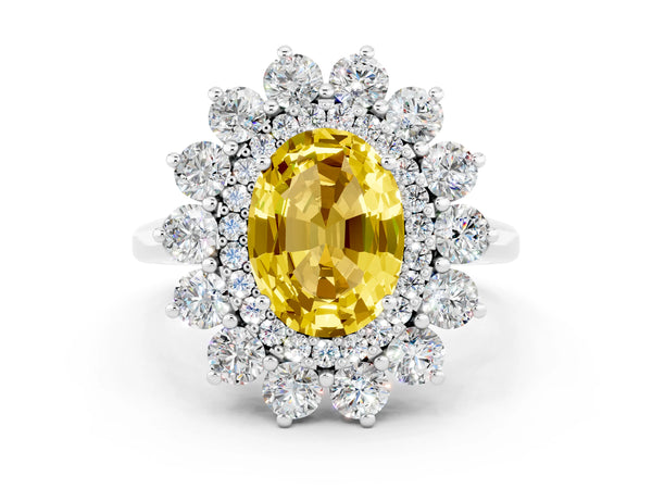 Platinum Oval Cut Yellow Sapphire Floral Double Halo Engagement Ring with Prong Setting