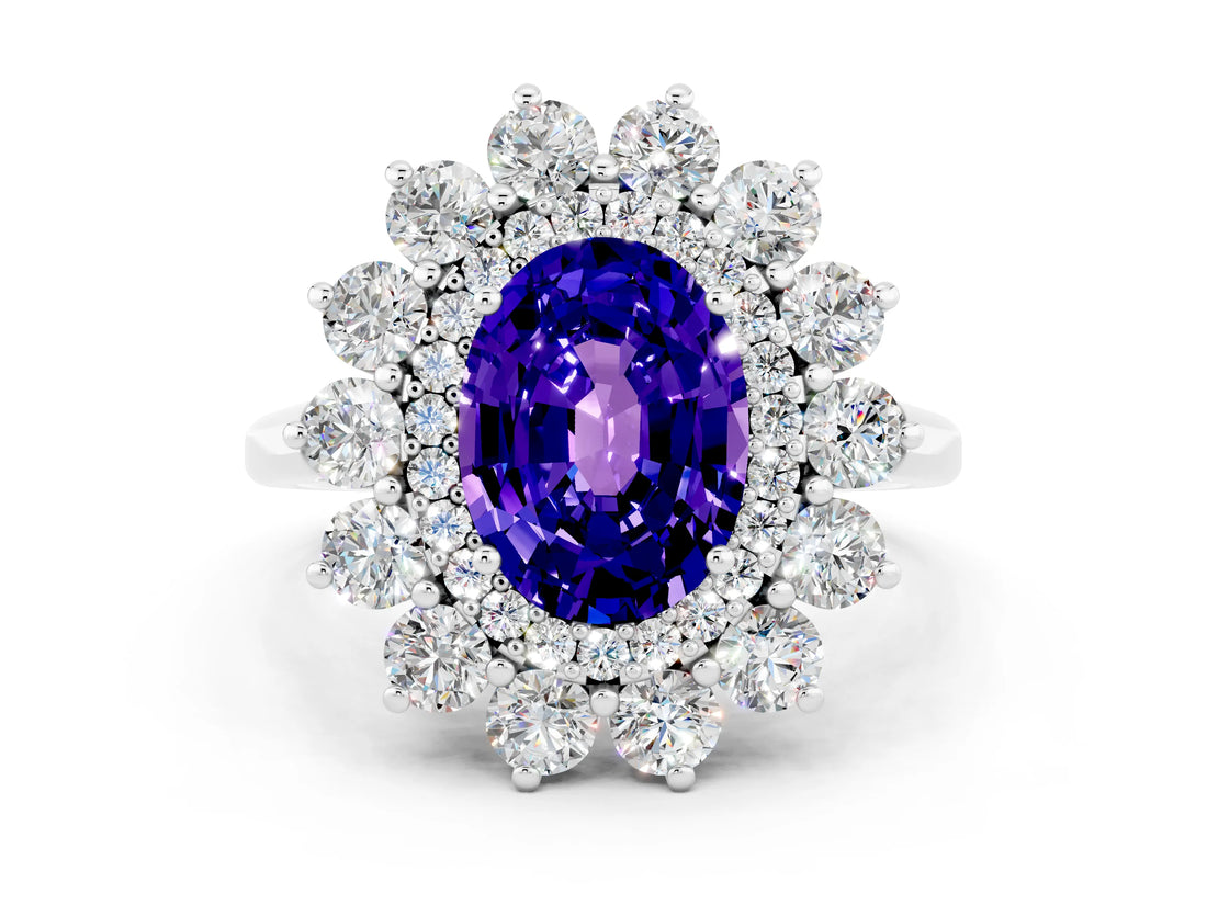 White gold Oval Cut Halo Cluster Diamond Ring with Pave Band and Four-Prong Setting_12