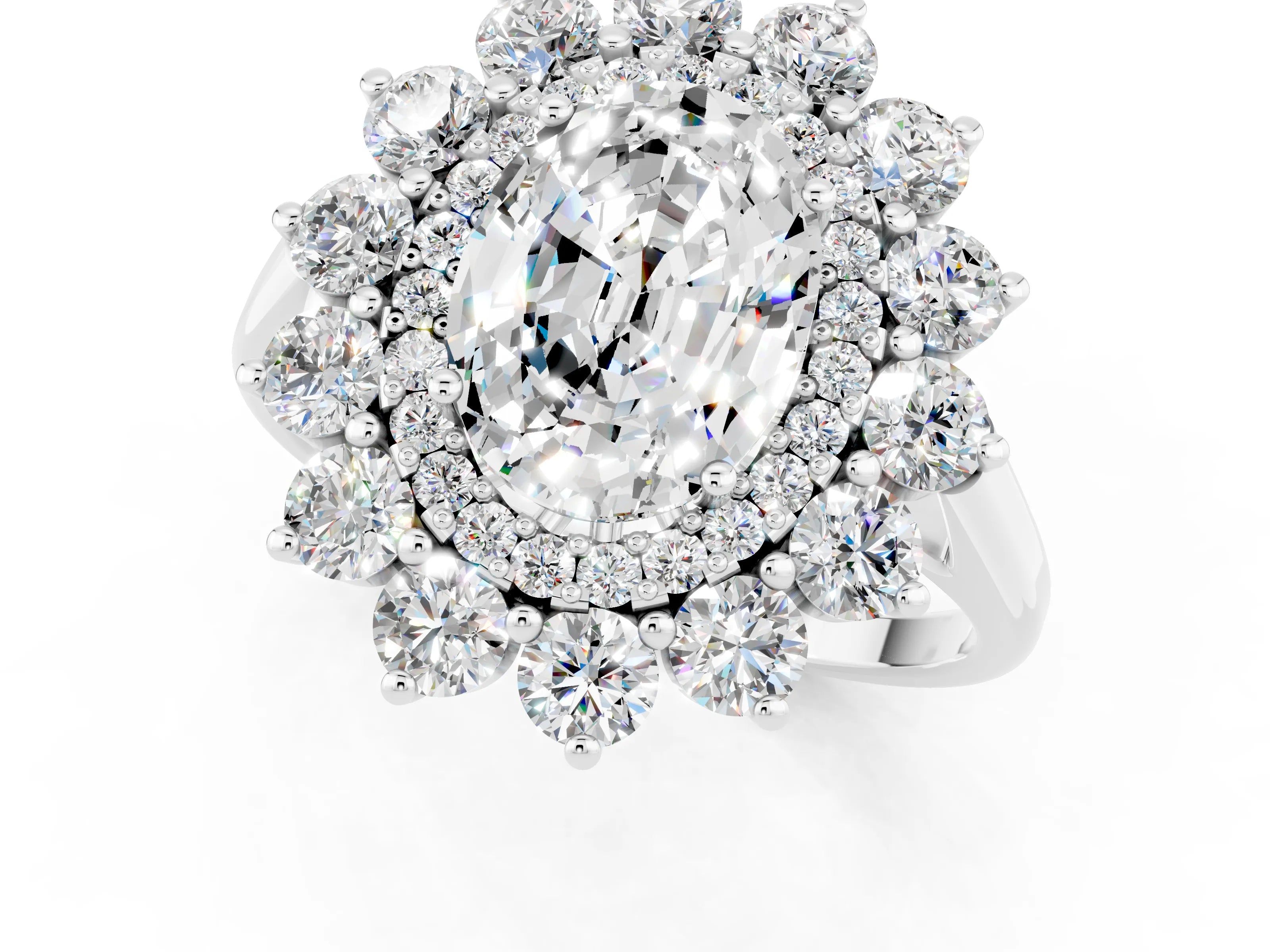 White gold Oval Cut Halo Cluster Diamond Ring with Pave Band and Four-Prong Setting_13
