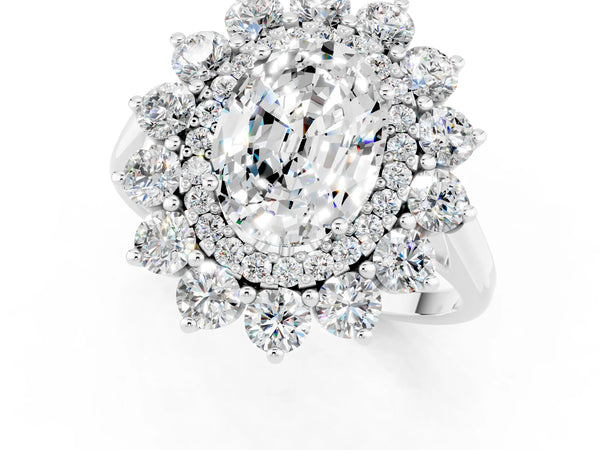 Silver Oval Cut Moissanite Floral Double Halo Engagement Ring with Prong Setting