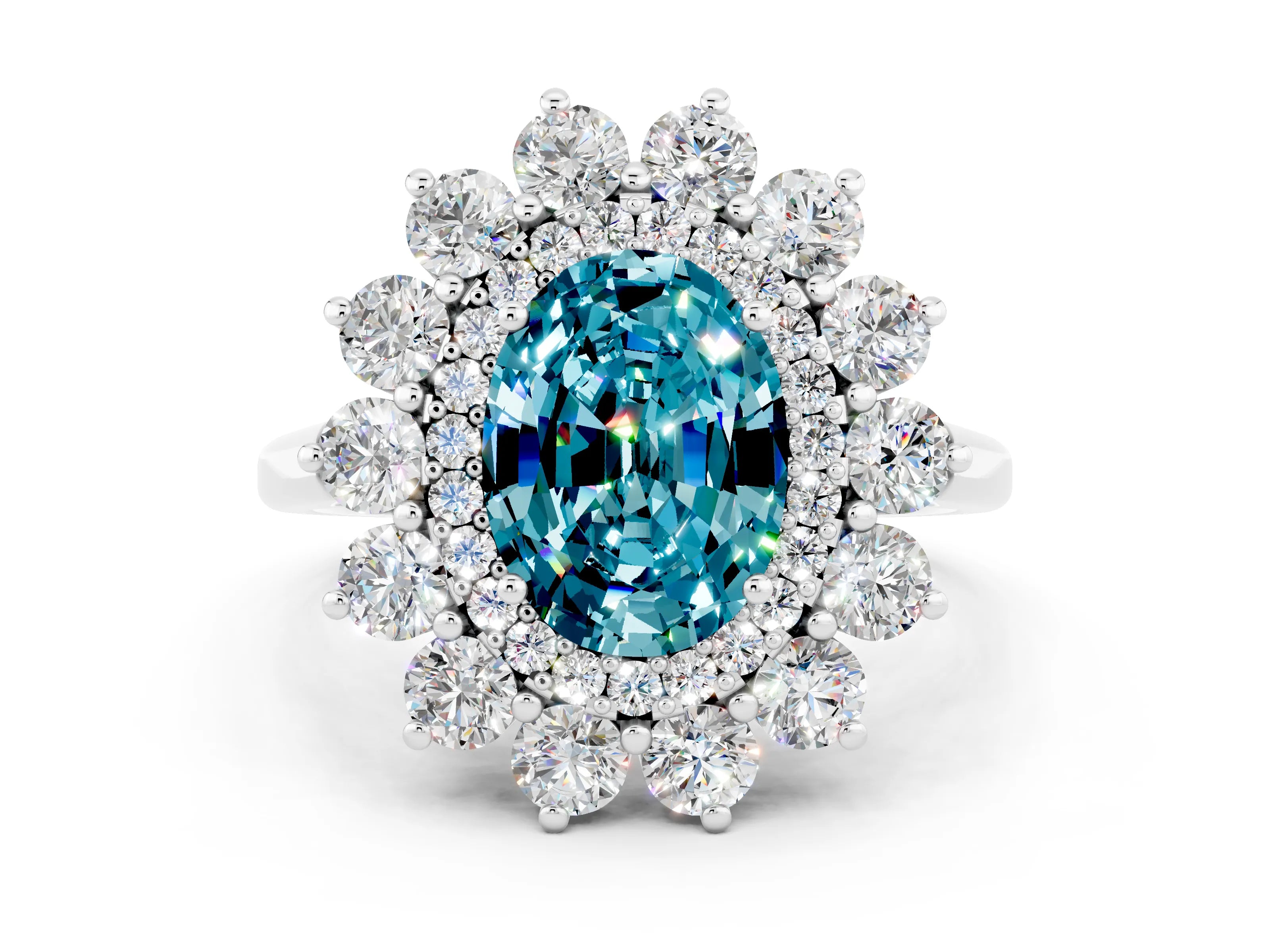 White gold Oval Cut Halo Cluster Diamond Ring with Pave Band and Four-Prong Setting_13