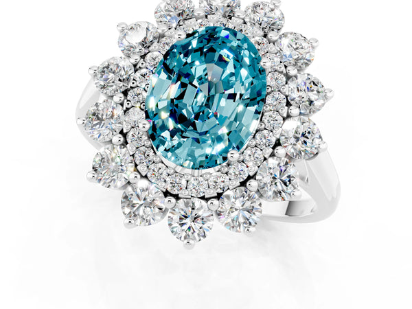 Silver Oval Cut Blue Topaz Floral Double Halo Engagement Ring with Prong Setting