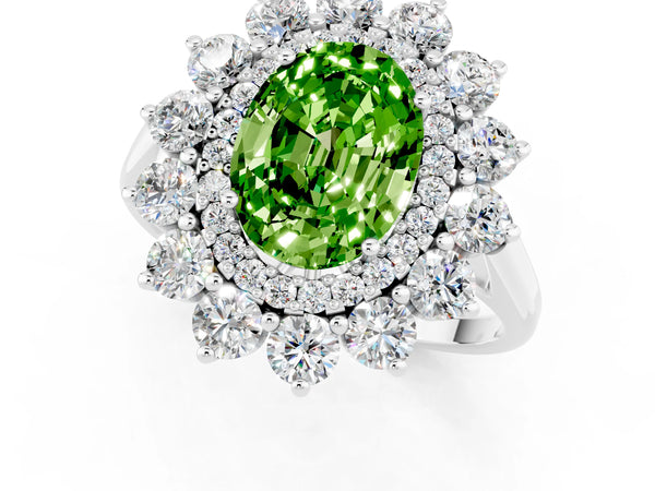 Silver Oval Cut Peridot Floral Double Halo Engagement Ring with Prong Setting