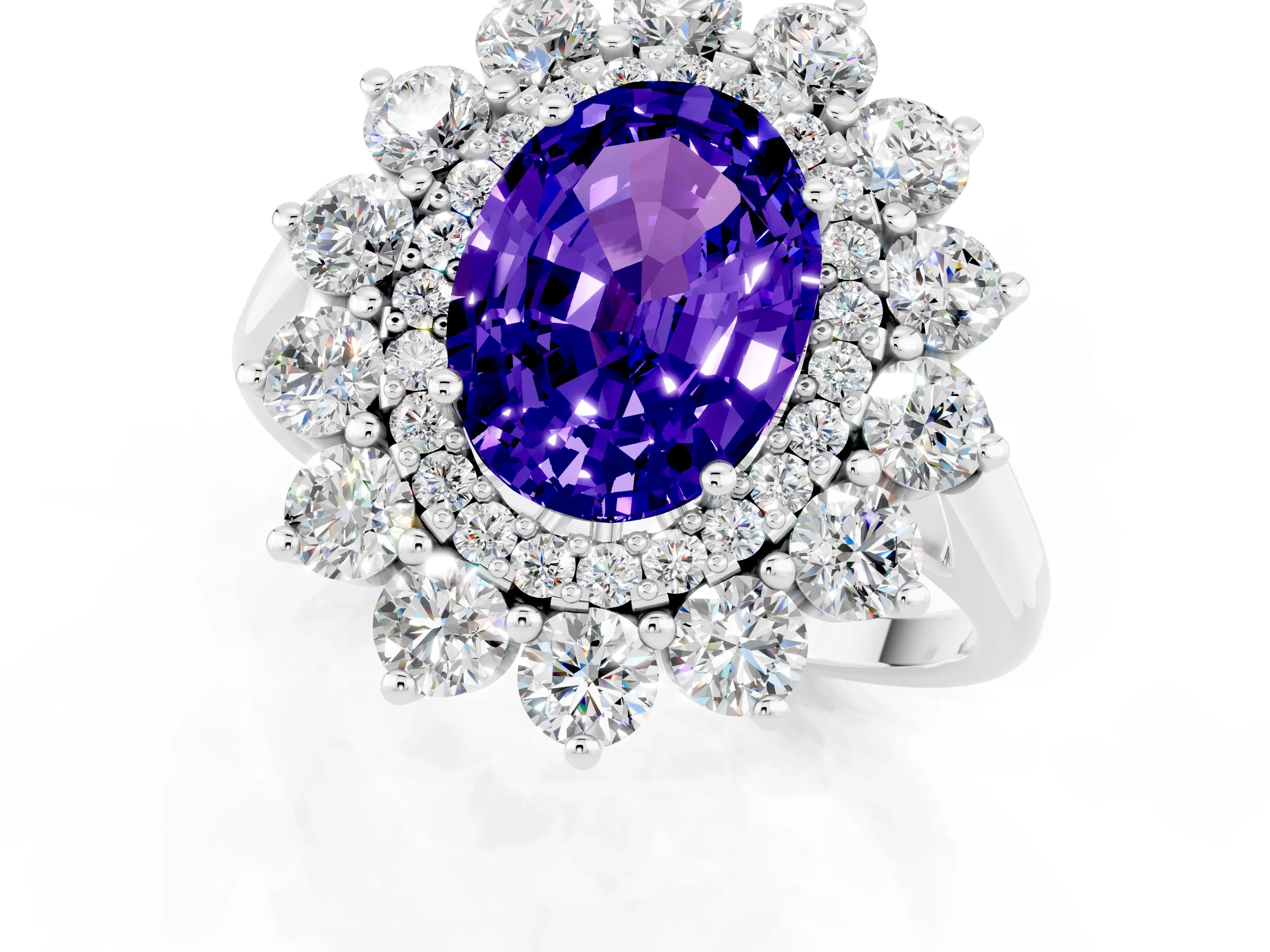 White gold Oval Cut Halo Cluster Diamond Ring with Pave Band and Four-Prong Setting_13