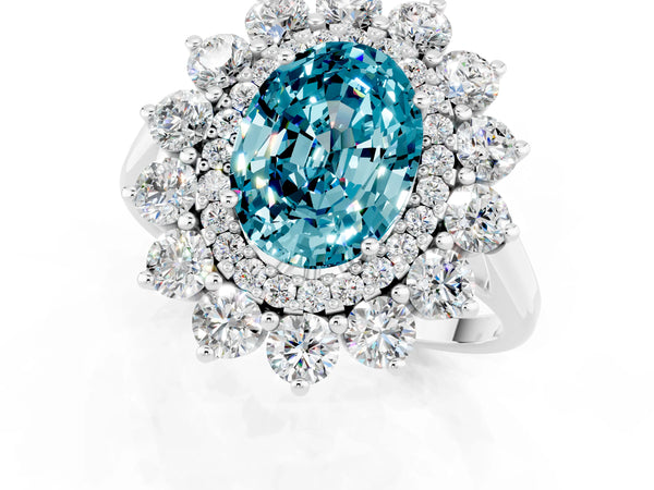 Platinum Oval Cut Halo Cluster Diamond Ring with Pave Band and Four-Prong Setting