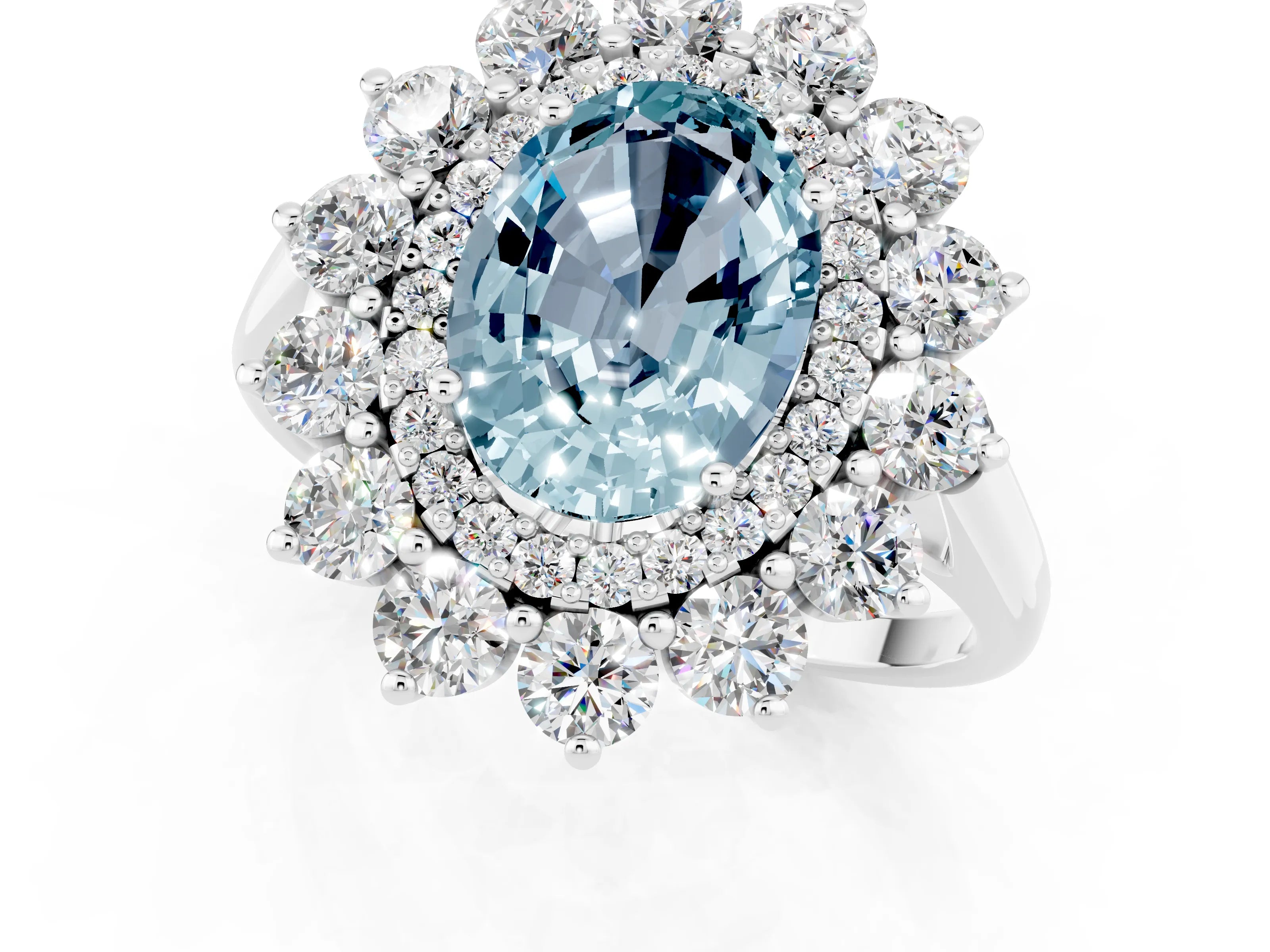 White gold Oval Cut Halo Cluster Diamond Ring with Pave Band and Four-Prong Setting_13