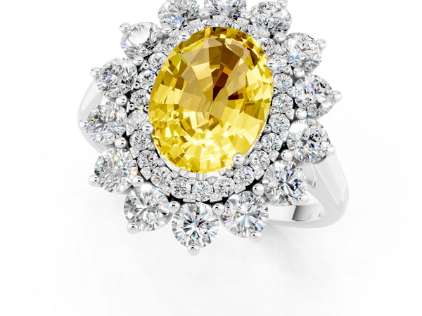 White gold Oval Cut Yellow Sapphire Floral Double Halo Engagement Ring with Prong Setting