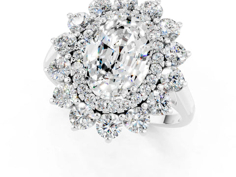 White gold Oval Cut Halo Cluster Diamond Ring with Pave Band and Four-Prong Setting_13