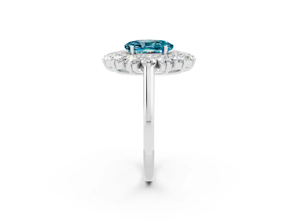 Platinum Oval Cut Blue Topaz Floral Double Halo Engagement Ring with Prong Setting
