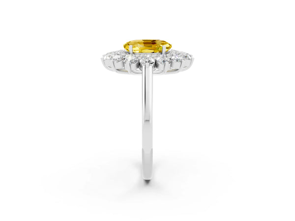 White gold Oval Cut Yellow Sapphire Floral Double Halo Engagement Ring with Prong Setting