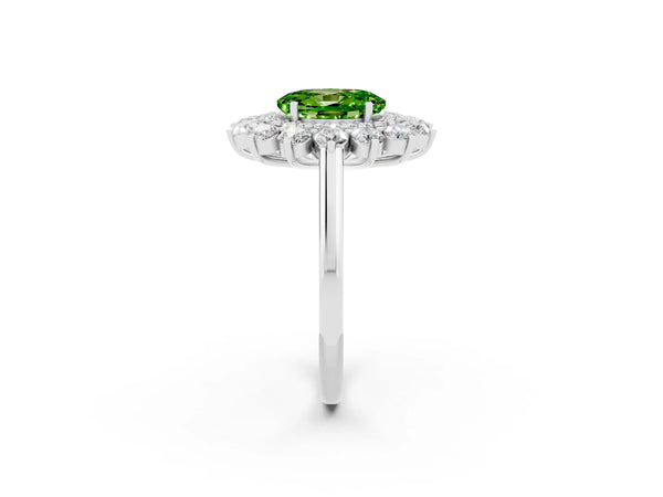 Platinum Oval Cut Peridot Floral Double Halo Engagement Ring with Prong Setting
