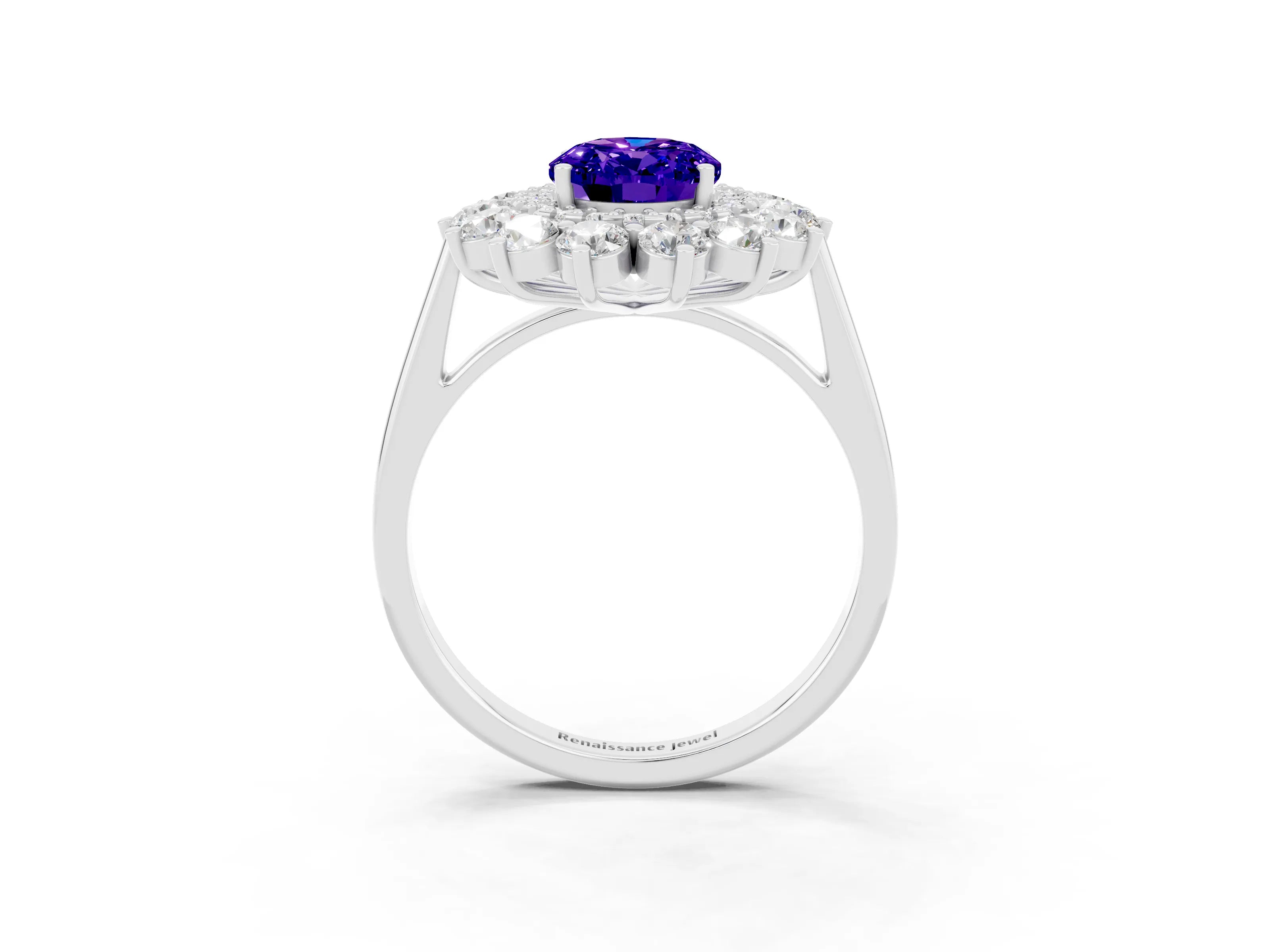 White gold Oval Cut Halo Cluster Diamond Ring with Pave Band and Four-Prong Setting_15