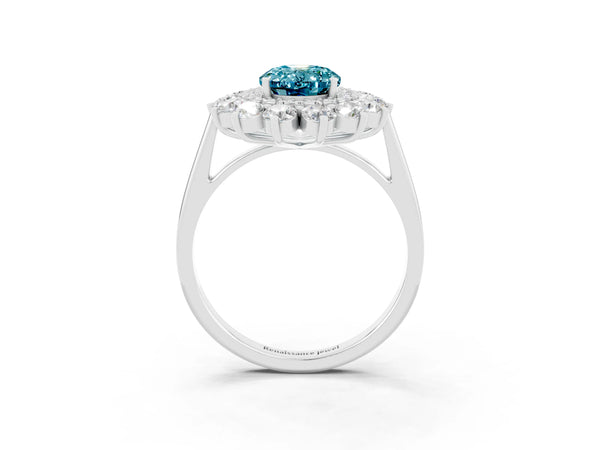 Platinum Oval Cut Halo Cluster Diamond Ring with Pave Band and Four-Prong Setting