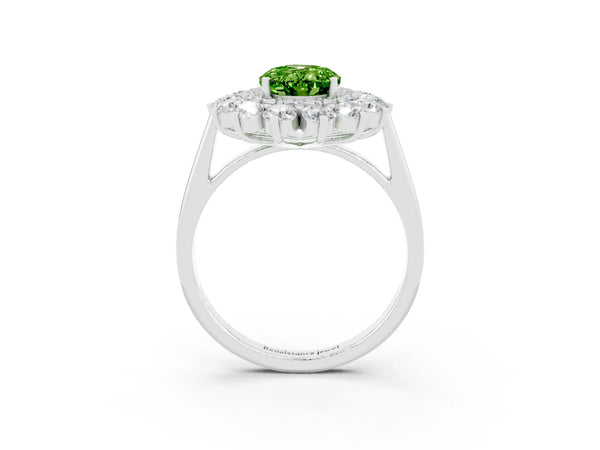 White gold Oval Cut Peridot Floral Double Halo Engagement Ring with Prong Setting