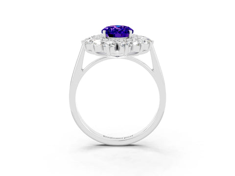 White gold Oval Cut Halo Cluster Diamond Ring with Pave Band and Four-Prong Setting_15