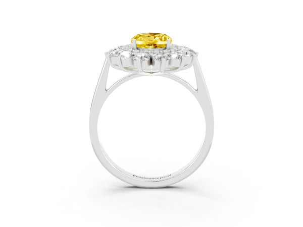 Silver Oval Cut Yellow Sapphire Floral Double Halo Engagement Ring with Prong Setting