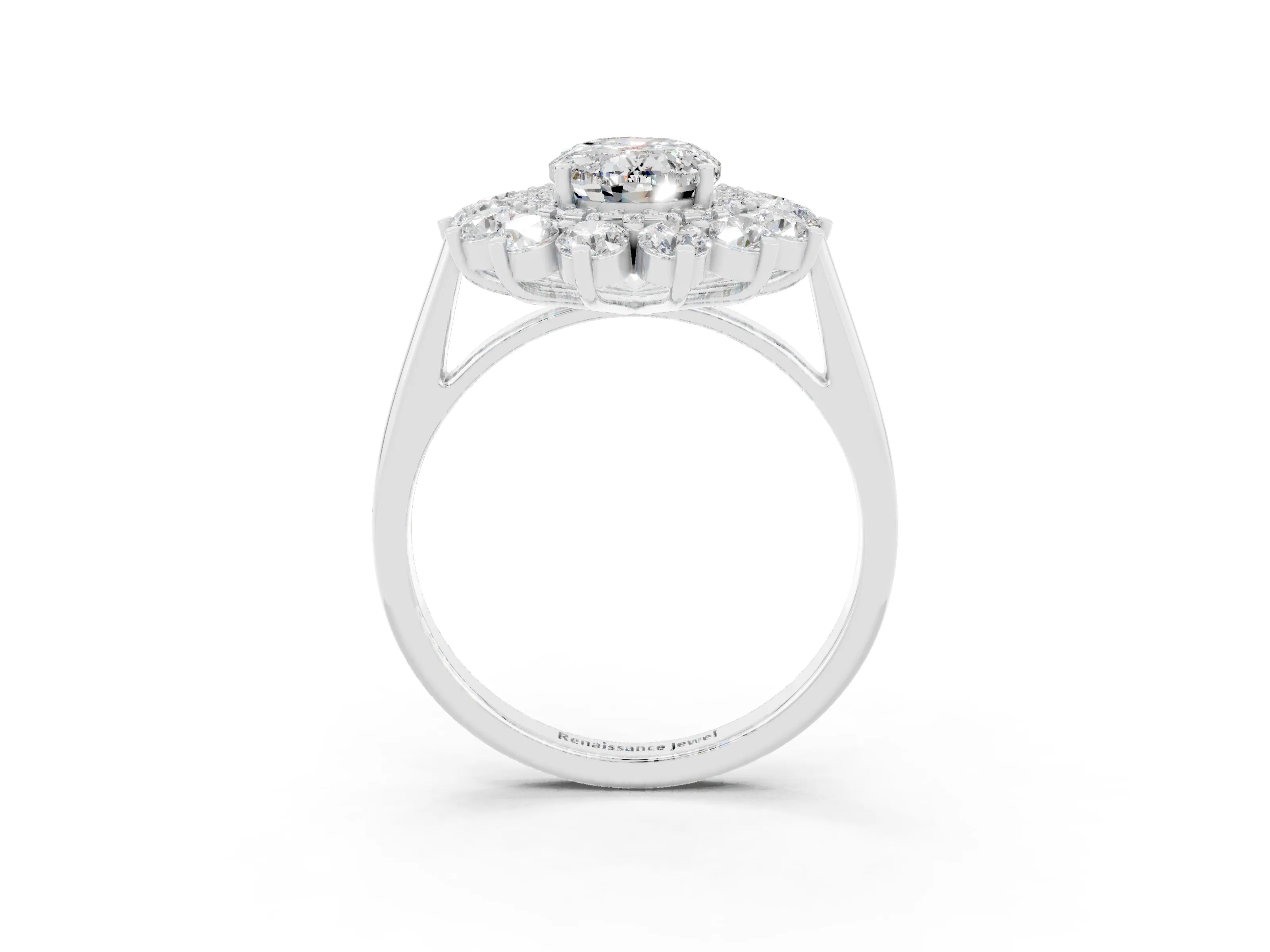 White gold Oval Cut Halo Cluster Diamond Ring with Pave Band and Four-Prong Setting_15