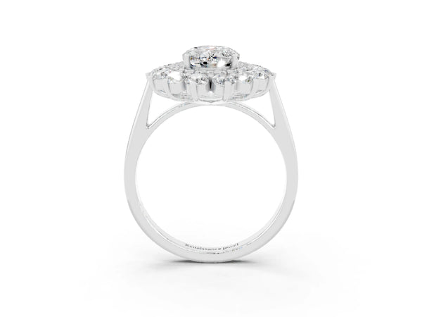 Silver Oval Cut Moissanite Floral Double Halo Engagement Ring with Prong Setting
