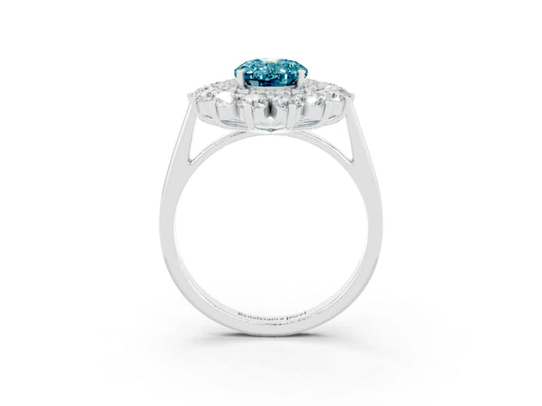 Platinum Oval Cut Blue Topaz Floral Double Halo Engagement Ring with Prong Setting