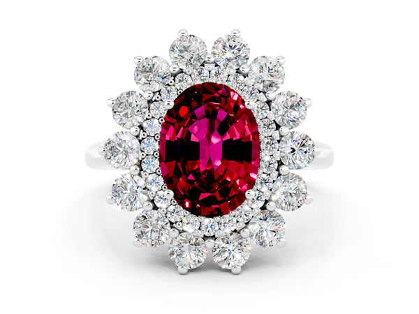 White gold Oval Cut Garnet Floral Double Halo Engagement Ring with Prong Setting