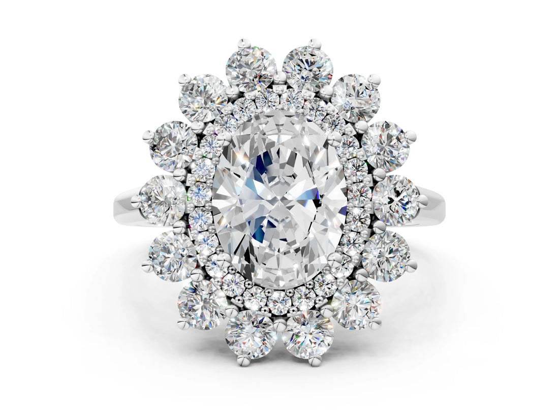White gold Oval Cut Halo Cluster Diamond Ring with Pave Band and Four-Prong Setting_19