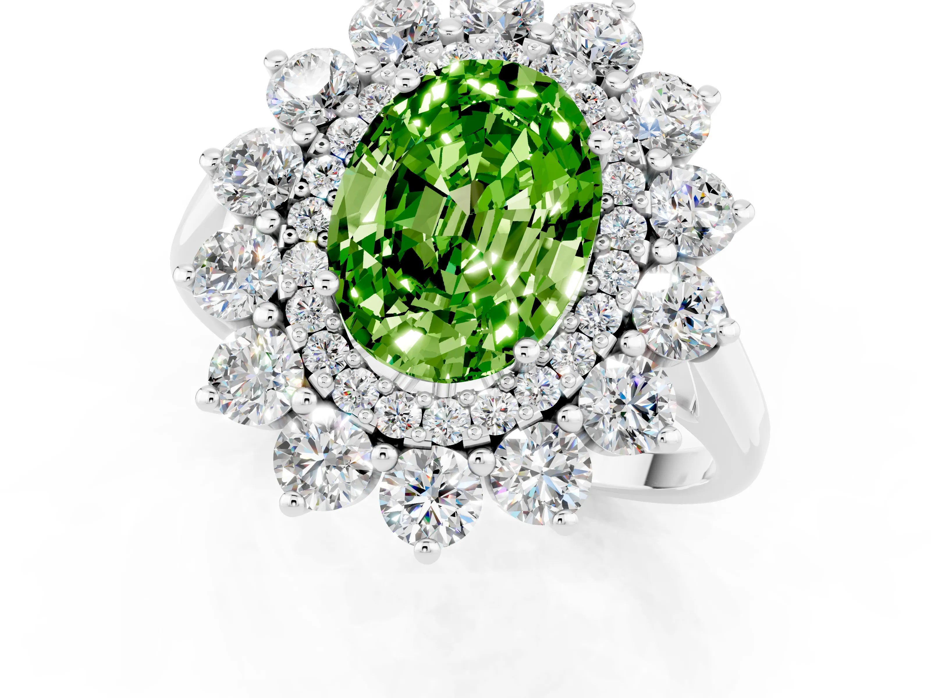 White gold Oval Cut Halo Cluster Diamond Ring with Pave Band and Four-Prong Setting_1