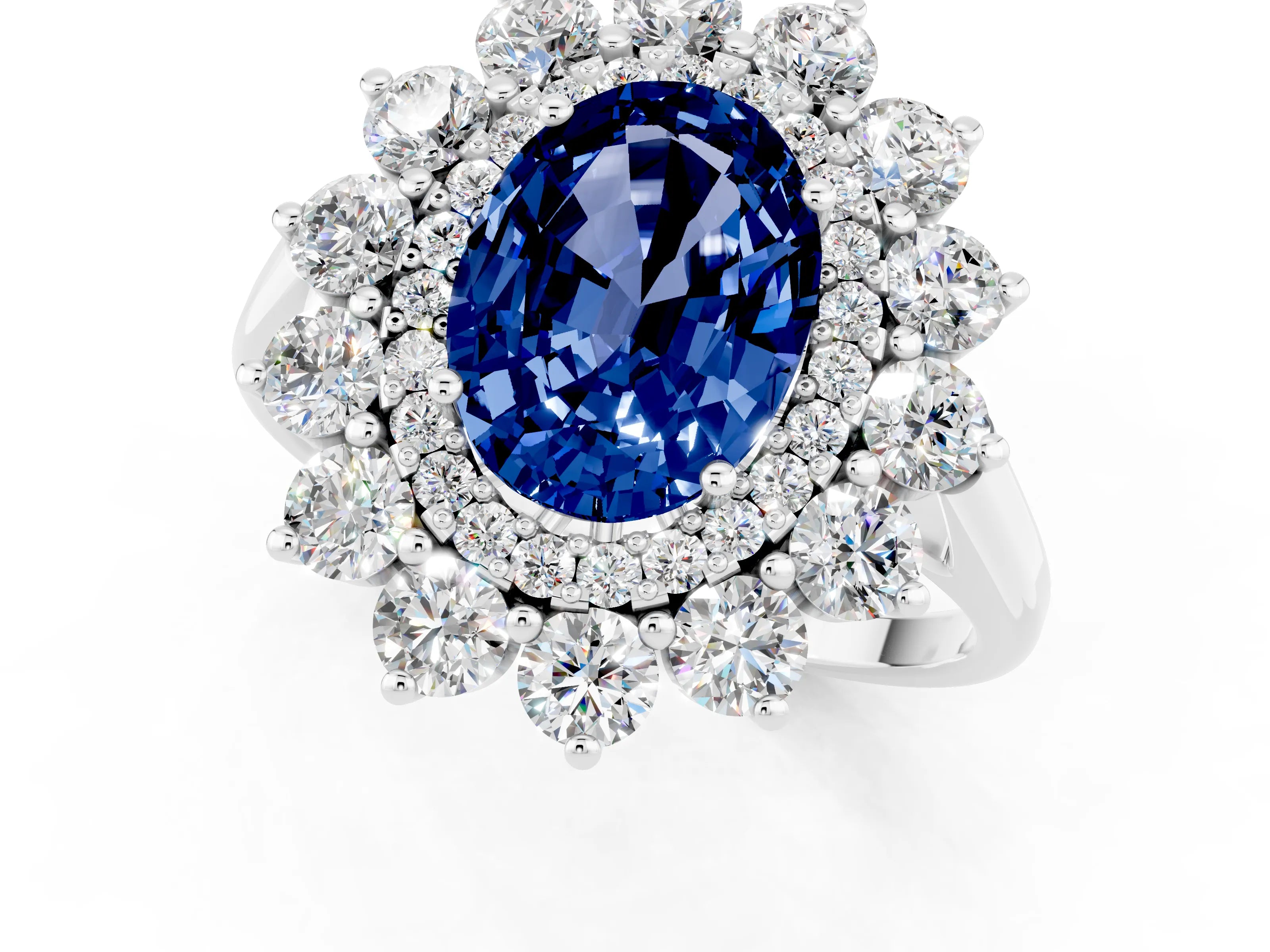 White gold Oval Cut Halo Cluster Diamond Ring with Pave Band and Four-Prong Setting_1