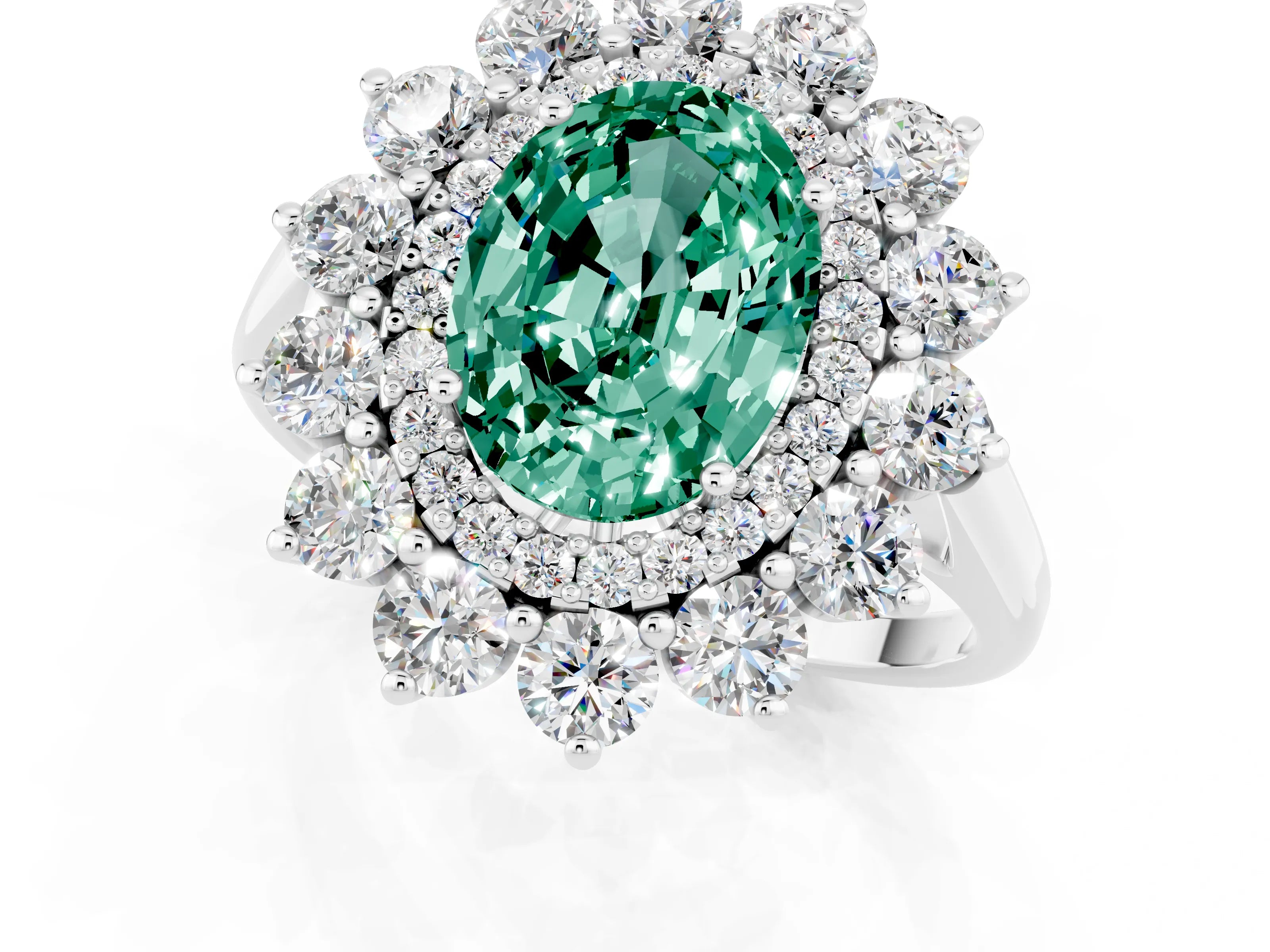 White gold Oval Cut Halo Cluster Diamond Ring with Pave Band and Four-Prong Setting_1